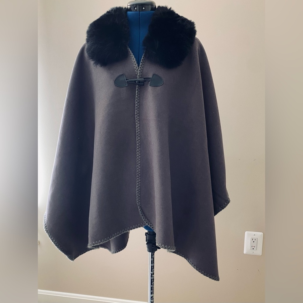 Charcoal Cape with Removable Black Faux Fur Trim, New w/ Tags